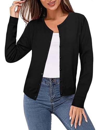 Irevial Damen Leichte Strickjacke Langarm Cardigan Rundhalsstrickjacke Casual Strickjacken Strickmantel mit Knöpfen Schwarz S von Irevial
