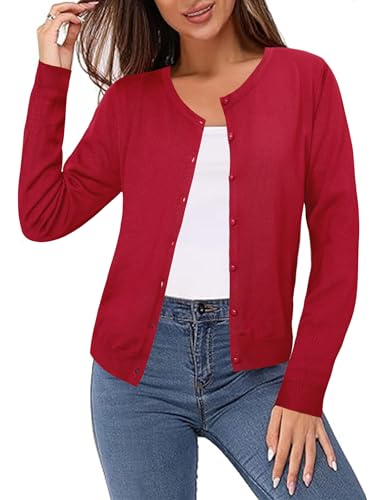 Irevial Damen Leichte Strickjacke Langarm Klassisch Cardigan Casual Einfarbig Strickmantel Freizeit Jacket Outerwear Rot L von Irevial