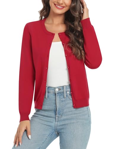 Irevial Damen Leichte Strickjacke Langarm Klassisch Cardigan Casual Rundhalsstrickjacke Strickmantel mit Knöpfen Rot XL von Irevial