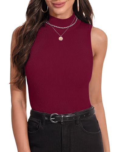 Irevial Damen Rolli Top Rollkragenpullover Elegant Rollishirt ohne Ärmel Dünn Leicht Unterziehrolli Dehnbar Basic Jersey Weste Slim Fit Weinrot XS von Irevial