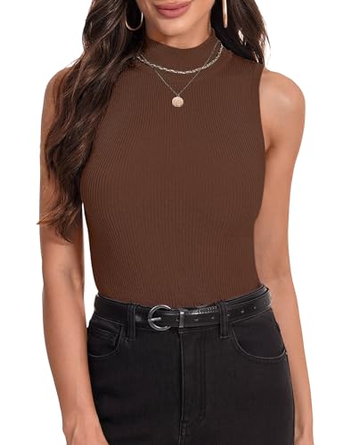 Irevial Damen Rollkragenpullover Rolli Top Elegant Rollishirt Rollkragen Ärmellos Basic Tops Dünn Leicht Unterziehrolli Stretch Weste Slim Fit Gerippt Tank Tops Braun L von Irevial