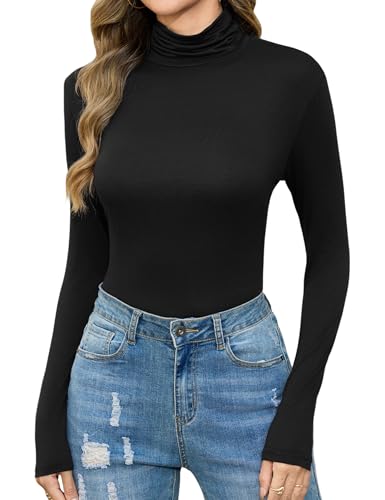 Irevial Damen Rollkragenshirt Langarm Langarmshirt Elegant Basic Oberteile Rollkragen Unterziehshirt Slim Fit Rollkragenpullover Dünn T-Shirt Stretch Tops Schwarz XXL von Irevial