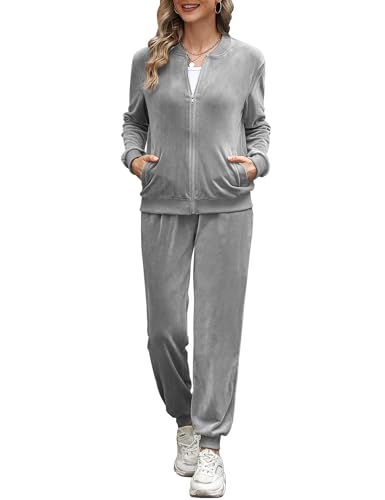 Irevial Damen Samtweich Hausanzug 2 Teiliger Casual Trainingsanzüge Kuschlig Jogginganzug Sportliche Zip Jacke + Sporthose mit Tasche Grau L von Irevial