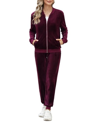 Irevial Damen Samtweich Hausanzug 2 Teiliger Casual Trainingsanzüge Kuschlig Jogginganzug Sportliche Zip Jacke + Sporthose mit Tasche Weinrot XL von Irevial