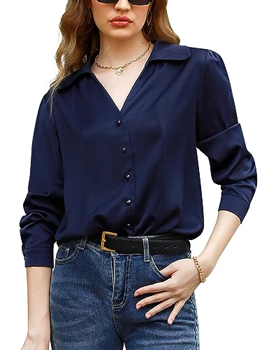 Irevial Damen Satin Vintage V-Ausschnitt Bluse Elegant Langarm Casual Oberteile Hemd Lose Langarmshirt Tops B-Marine S von Irevial