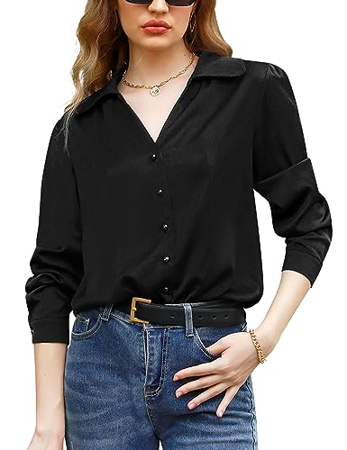 Irevial Damen Satin Vintage V-Ausschnitt Bluse Elegant Langarm Casual Oberteile Hemd Lose Langarmshirt Tops B-Schwarz S von Irevial