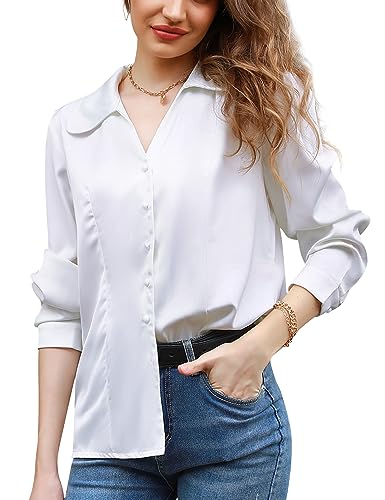 Irevial Damen Satin Vintage V-Ausschnitt Bluse Elegant Langarm Casual Oberteile Hemd Lose Langarmshirt Tops B-Weiß S von Irevial