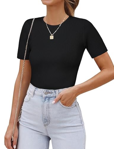 Irevial Tshirt Damen Kurzarm Gerippt Elegant Rundhals Schmaler Passform Oberteile Stretch Strick Sommer Basic Shirts Schwarz M von Irevial