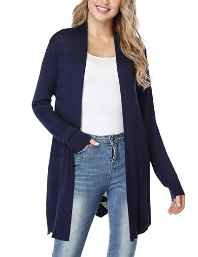 Irevial Damen Strickjacke Lang Cardigan Leichte Dünne Elegant Lässige Langarm Gestrickt Hohl Jacke Blau M von Irevial