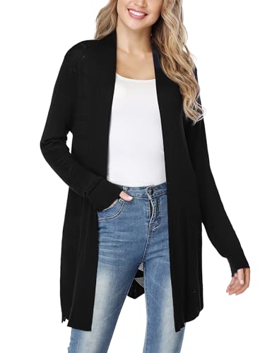 Irevial Damen Leichte Strickjacke Lang Leicht Cardigan Casual Strickmantel Hohl Dünne Outwear Schwarz S von Irevial