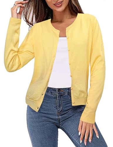 Irevial Damen Strickjacke Elegant Langarm Rundhals Cardigan Leicht Sommer Lässig Strickjacke Pullover mit Knöpfen Strickwaren Gelb S von Irevial