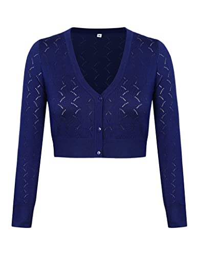 Irevial Damen Strickjacke Elegante Bolero Kurz Jäckchen V- Ausschnitt Bolerojacke Aushöhlen Langarm Schulterjacke mit Knöpfen für Frühling, Sommer und Herbst Blau XXL von Irevial