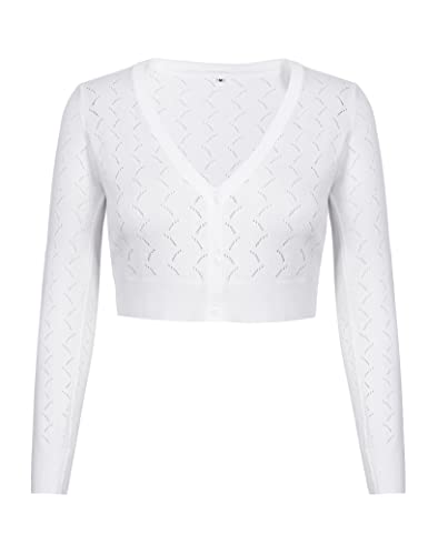 Irevial Damen Strickjacke Elegante Bolero Kurz Jäckchen V- Ausschnitt Bolerojacke Aushöhlen Langarm Schulterjacke mit Knöpfen für Frühling, Sommer und Herbst Weiß M von Irevial