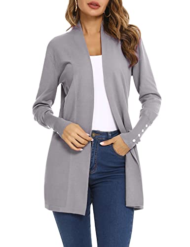 Irevial Damen Strickjacke Langarmshirt Cardigan Leicht Feinstrick-Jacke Elegant Strickmantel in Unicolor Casual Normal Pullover Mantel mit Offener Vorderseite Strickpullover Outwear Lange Grau S von Irevial