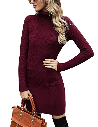 Irevial Damen Irevial Damen Strickkleid Rollkragen Langarm Stretch Pullikleid Lang Strickpullover Elegant Miniklei Cocktail Dress, A-rotwein, L EU von Irevial