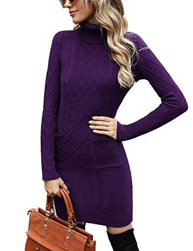 Irevial Damen Irevial Damen Strickkleid Rollkragen Langarm Stretch Pullikleid Lang Strickpullover Elegant Miniklei Cocktail Dress, A-lila, M EU von Irevial