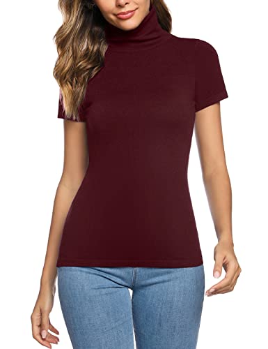 Irevial Damen Irevial Dames T-shirt elegante basic slim fit top voor vrouwen korte mouwen met opstaande kraag T Shirt, Weinrot, S EU von Irevial