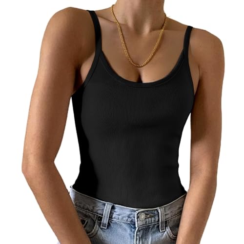Irevial Damen Tops Sommer Sexy Spaghetti Tank Top Gerippt Strick Baumwolle Cami Oberteile Ärmellos Slim Fit Basic Shirt Einfarbig Schwarz XXL von Irevial