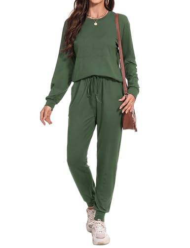 Irevial Damen Tracksuit Langarm Baumwolle Zweiteiler Trainingsanzug Set Rundhalsausschnitt Jogginganzug Einfarbig Sportanzug Hausanzug 2 Teilig Freizeitanzug Armeegrün S von Irevial
