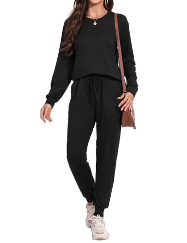 Irevial Damen Tracksuit Langarm Rundhalsausschnitt Zweiteiler Trainingsanzug Set Jogginganzug Einfarbig Sportanzug Hausanzug 2 Teilig Freizeitanzug Sportswear Sweatshirt & Jogginghose Schwarz L von Irevial