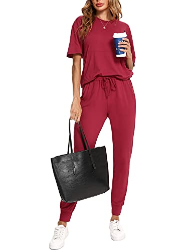 Irevial Damen Tracksuit Rundhalsausschnitt Einfarbig Zweiteiler Outfit Jogger Trainingsanzug Set Kurzarm Sweatshirt & Jogginghose Weinrot XXL von Irevial