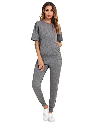 Irevial Damen Trainingsanzug Jogginganzug 2 Stücke Set Kurzarm Top/Hose Lose Homewear Pyjama Set mit Taschen Hanf Grau XL Irevial Damen Trainingsanzug Jogginganzug 2 Stücke Set Kurzarm Top/Hose Lose Homewear Pyjama Set mit Taschen Hanf Grau XL von Irevial