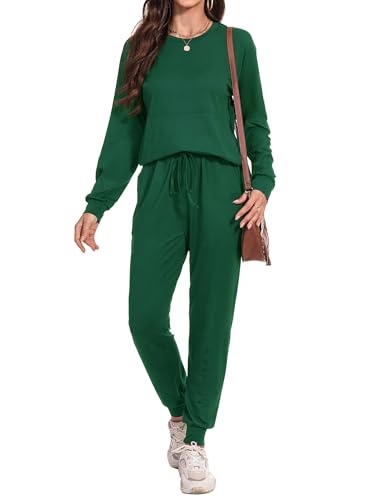 Irevial Damen Trainingsanzug Jogginganzug 2 Stücke Set Langarm Top/Hose Lose Homewear Pyjama Set mit Taschen Grün M von Irevial