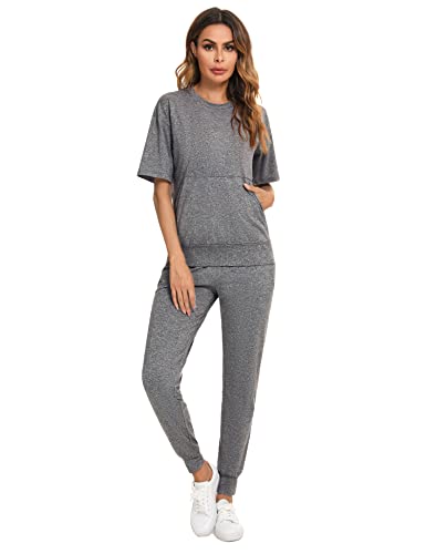 Irevial Damen Trainingsanzug Jogginganzug 2 Stücke Set Kurzarm Top/Hose Lose Homewear Pyjama Set mit Taschen Hanf Grau L von Irevial