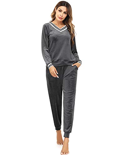 Irevial Damen Irevial Dames velours huispak Nicki lange winter zachte pak set grijs, l Pyjama, Grau, EU von Irevial