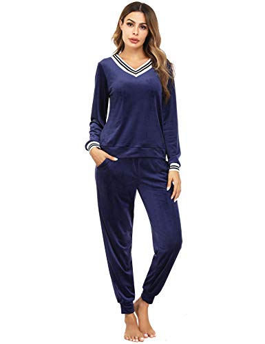 Irevial Damen Velours Lang Winter Weich Pyjama Anzug Set Navy, L Schlafanzug, Marineblau, 42 von Irevial