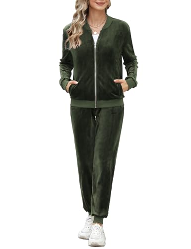 Irevial Damen Velours Trainingsanzug Kuschelig Nicki Hausanzug 2 Teiliger Jogginganzug Samtweich Zip Jacke und Hose mit Tasche Armeegrün M von Irevial