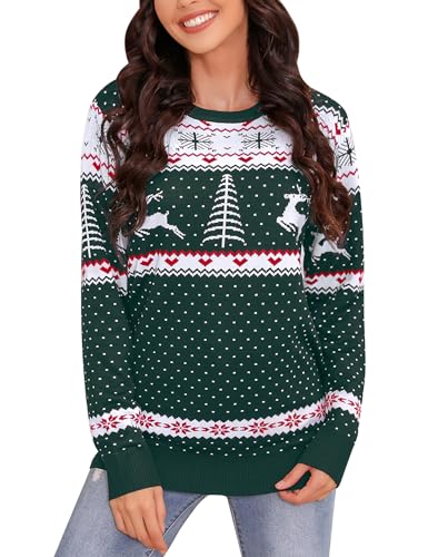 Irevial Weihnachtspullover Damen Lustig Ugly Christmas Sweater Rundhals Strickpullover mit Schneeflocken und Rentier Winter Pulli Warm Langarm Oberteile für Frauen Grün M von Irevial