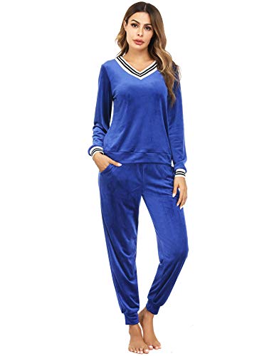 Irevial Damen Zweiteiliger Pyjama Set Nicki Langarm Nachtwäsche und Pyjamahose Blau L Schlafanzug, X-Blue, 42 von Irevial
