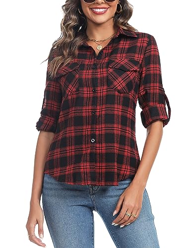 Irevial Karierte Bluse Damen Karohemd Langarmshirt Casual Hemd Oberteile Button Down Hemdbluse Boyfriend Plaid Shirt Top Rot XL von Irevial