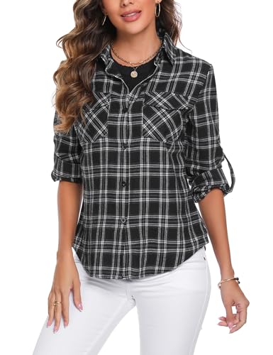 Irevial Karierte Bluse Damen Karohemd Langarmshirt Casual Hemd Oberteile Button Down Hemdbluse Boyfriend Plaid Shirt Top Schwarz XXL von Irevial