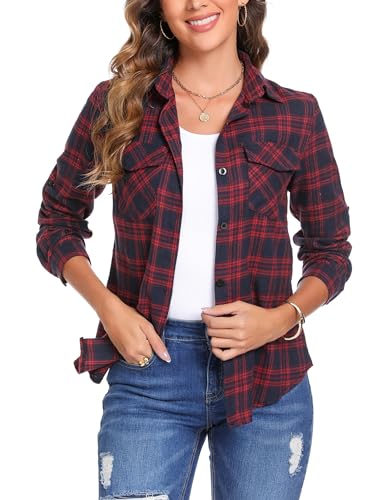 Irevial Karierte Bluse Damen Karohemd Langarmshirt Casual Hemd Oberteile Button Down Hemdbluse Boyfriend Plaid Shirt Top Blau S von Irevial