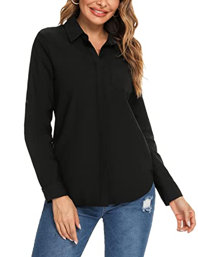 Irevial Karierte Bluse Damen Lange Hemdbluse Button Down Shirt Tunika Fit Loose Hemd Karo Elegant Casualhemd Arbeithemd Festhemd Schwarz M von Irevial