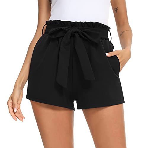 Irevial Shorts Damen Sommer Kurz Hose Elastischer Bund Breites Bein Kurzhose Casual Locker mit Gürtel Schwarz XL von Irevial