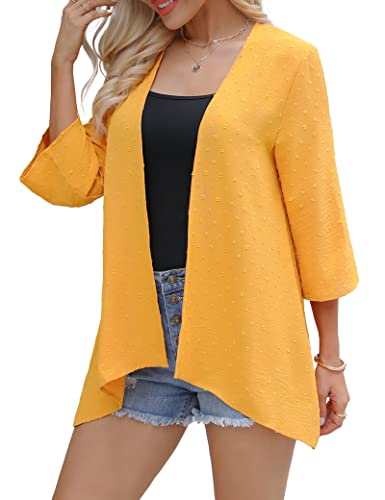 Irevial Sommer Cardigan Chiffon Kimono 3/4 Arm Leichte Strickjacke Damen Beachwear Bikini Cover Up für Strand Beach, Gelbwurz, M von Irevial