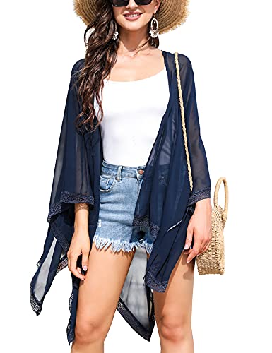 Irevial Sommer Cardigan Damen Leichte Strand Jacke Frauen M Bikini Bedecken Loose Cardigan Mit Spitze 3/4 Ärmel Casual Boho Strandponcho Pareo Beachwear Navy Blau von Irevial