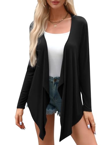 Irevial Sommer Strickjacke für Damen Lang Strickjacken Dünne Casual Langarm Cardigan Herbst High Low Saum Schwarz L von Irevial