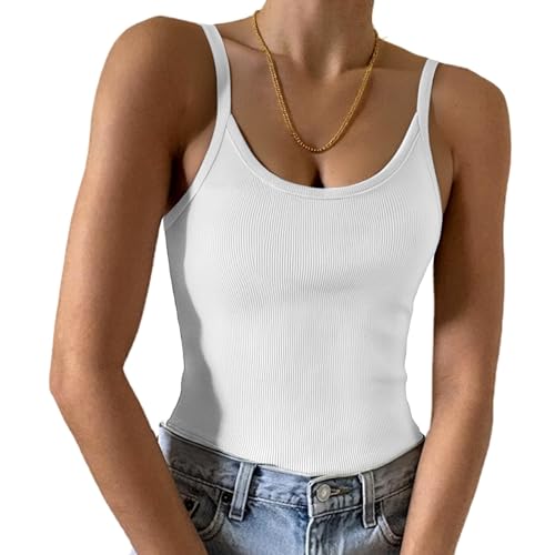 Irevial Damen Tops Sommer Sexy U-Ausschnitt Gerippt Spaghetti Top Slim Fit Cami Einfarbig Weiß XXL von Irevial