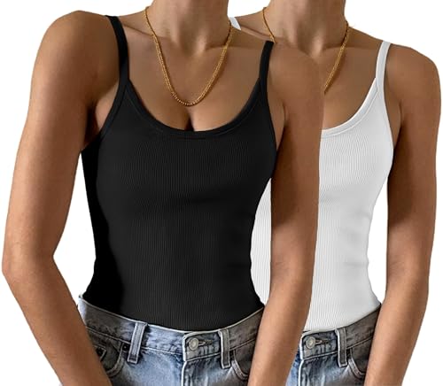 Irevial Spaghetti Top Damen Sommer 2025 Gerippt Rundhals Tank Top Basic Einfarbig Slim Fit Stretch Top Schwarz+Weiß XL von Irevial