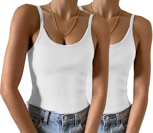Irevial Spaghetti Top Damen Sommer 2025 Gerippt Rundhals Tank Top Basic Einfarbig Slim Fit Stretch Top Weiß+Weiß M von Irevial