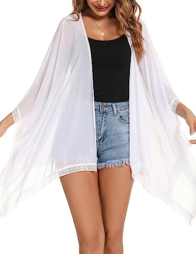 Irevial Strand Jacke Damen Cardigan Lang Frauen M Sommer Strandkleid Loose Strandponcho Leichte Bikini Cover Up Mit Spitze Wasserfall Beachwear Vertuschen Pareo Weiß von Irevial