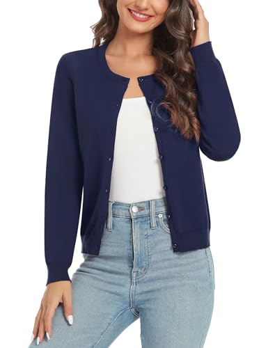 Irevial Strickjacke Damen Klassisch Cardigan Langarm Elegant Leichter Rundhalsstrickjacke mit Knopf S-XXL Navy Blau XL von Irevial