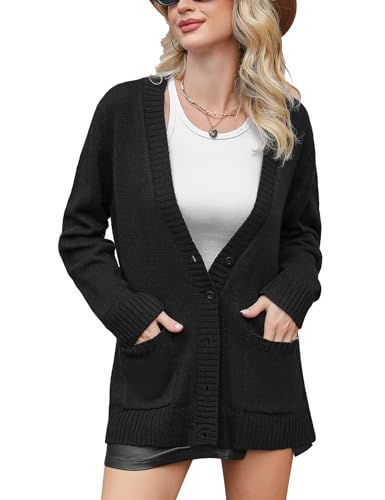 Irevial Strickjacke Damen Langarm Cardigan Elegant Strickmantel Open Front Sweater mit Knopfleiste und Taschen Schwarz L von Irevial