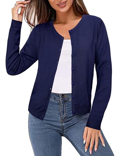Irevial Strickjacke Damen Strick Cardigan Rundhalsstrickjacke Knopfleiste Open Front Elegant Casual Schulterjacke Top Navy Blau L von Irevial