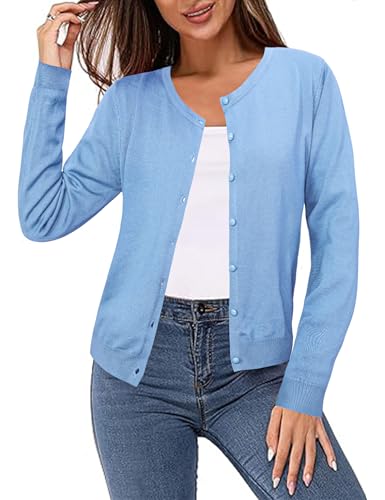 Irevial Strickjacke Damen mit Knöpfen Rundhalsstrickjacke Leichte Langarm Cardigan Damen Elegant Strickjacke mit Knopf Blau M von Irevial