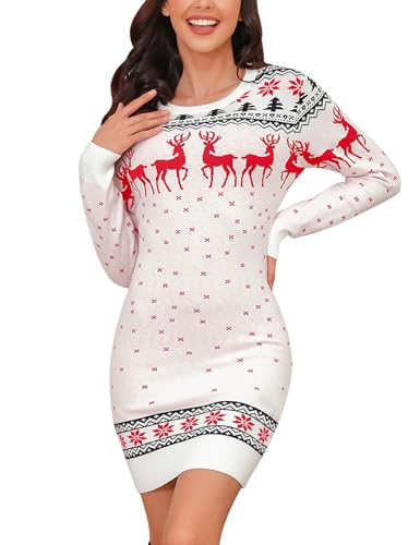 Irevial Strickkleid Damen Rundhals Pullikleid Weihnachtskleid Langer Pulloverkleid Frauen Kleider Pullover Rippstrick Wickelkleid Schneeflocken Muster Bequem Für Winter Freizeit Party XXL Weiß von Irevial
